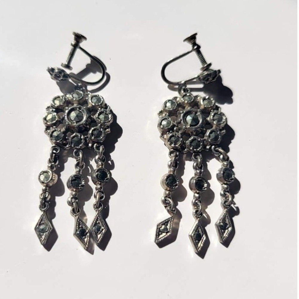 Vintage Art Deco Style Rhinestone Dangle Screw Back Earrings